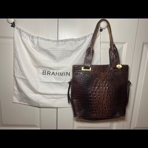 Large Brahmin brown leather croc embossed tote